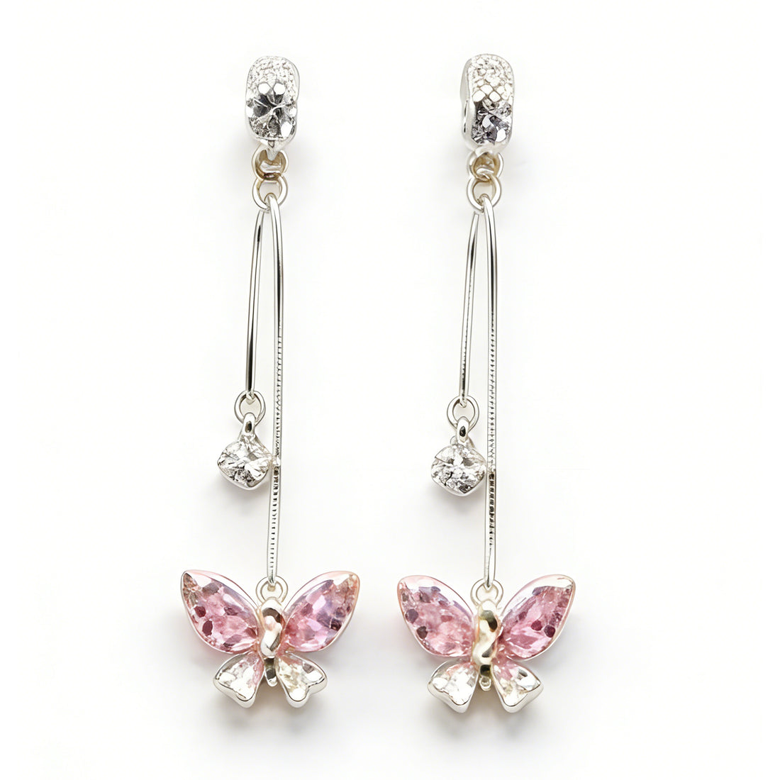 Pink Crystal Butterfly Threader Earrings – Dangling Rhinestone Drop Earrings for Women