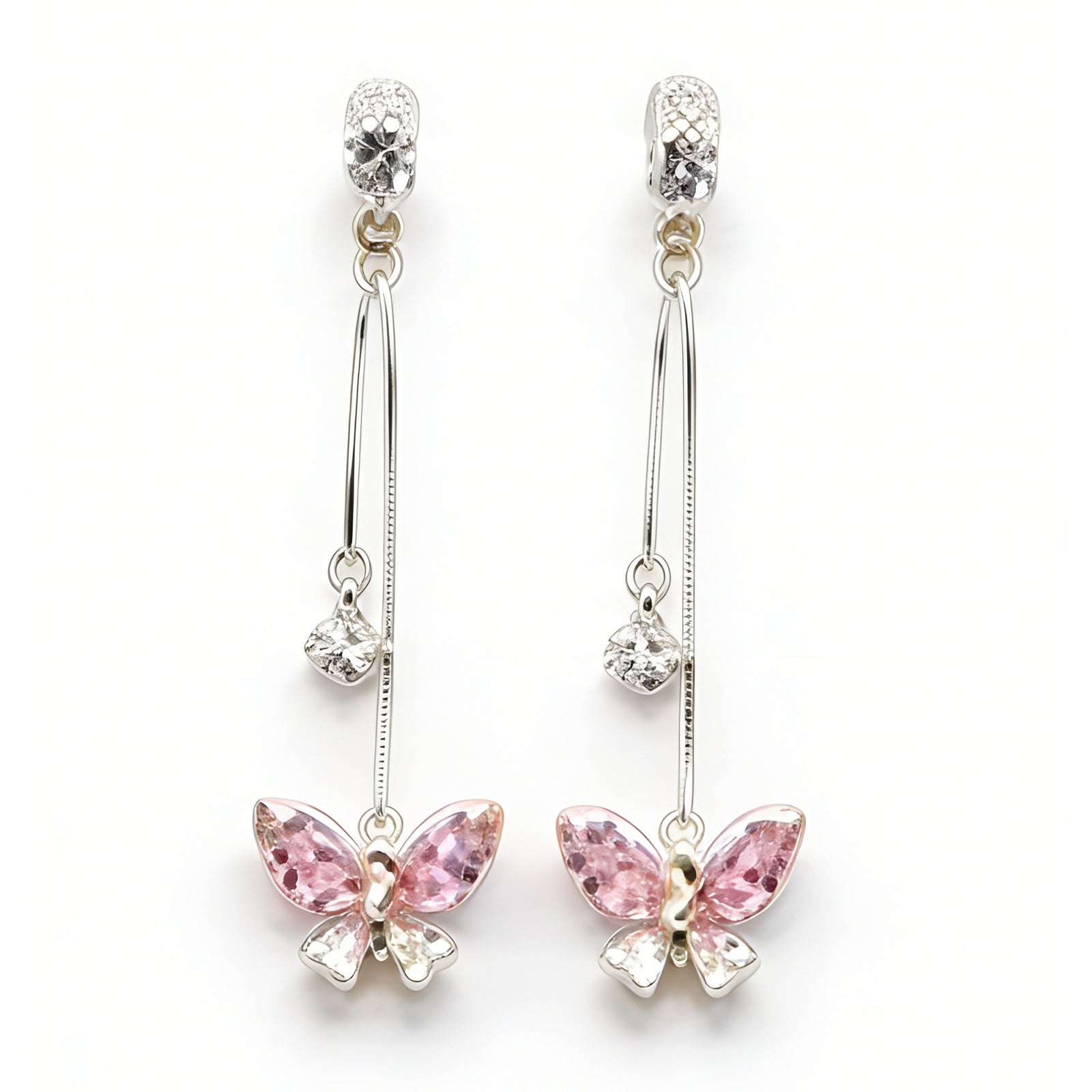 Pink Crystal Butterfly Threader Earrings – Dangling Rhinestone Drop Earrings for Women, image 1