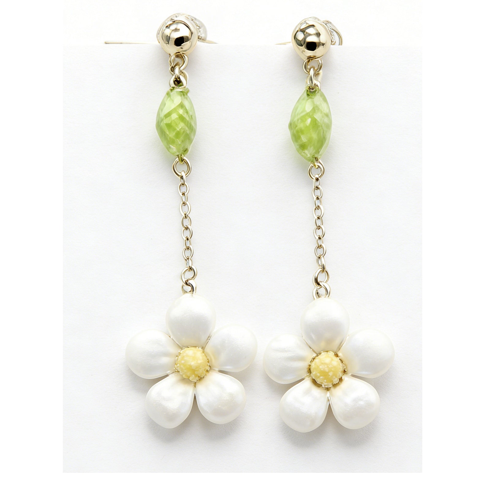 Fresh Green Gem & Pearl Daisy Drop Earrings – Elegant Floral Long Dangle Earrings for Women, image 1