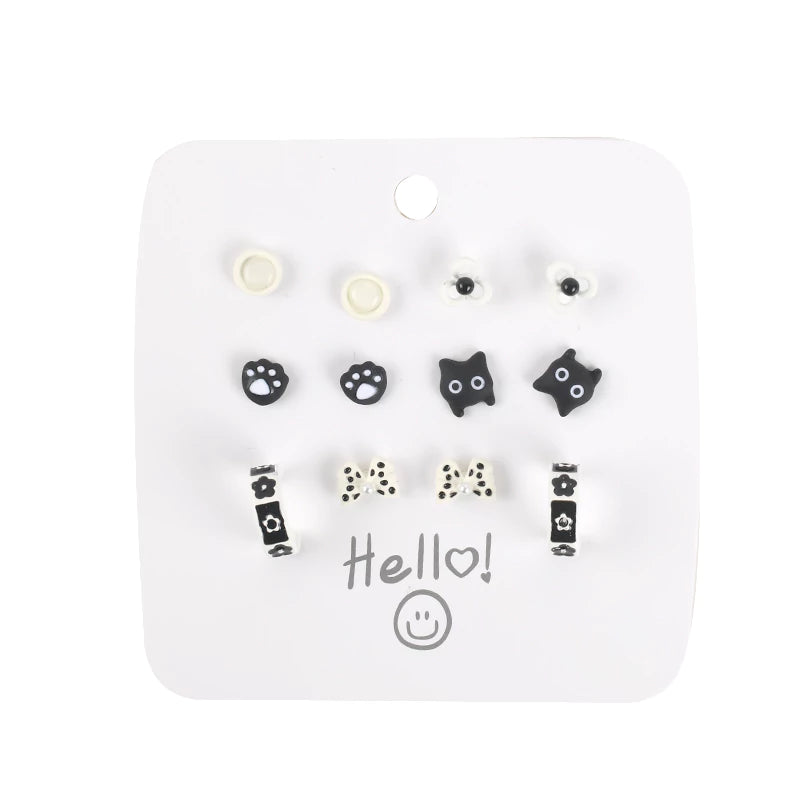 Cat Flower Stud Earrings Set 6 Pairs