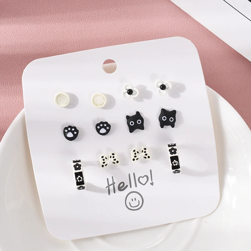 Cat Flower Stud Earrings Set 6 Pairs