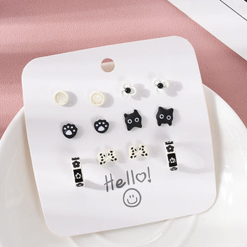 Cat Flower Stud Earrings Set 6 Pairs