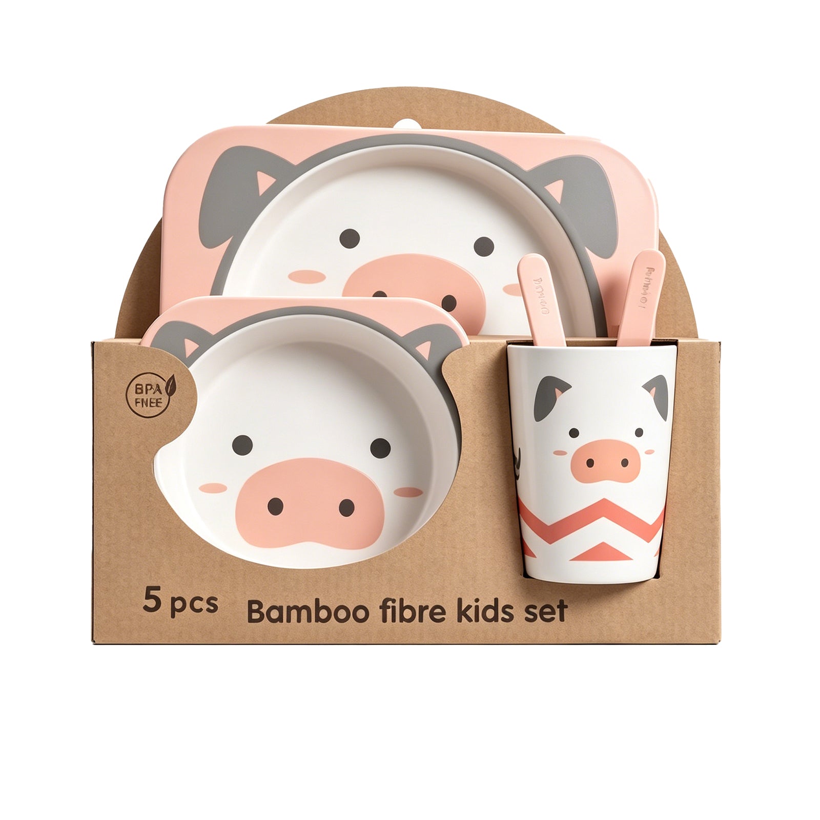 Cute Piggy Bamboo Fiber Kids Tableware Set – 5-Piece BPA-Free Dinnerware with Partitioned Plate, Bowl, Cup & Utensils for Toddlers, image 1