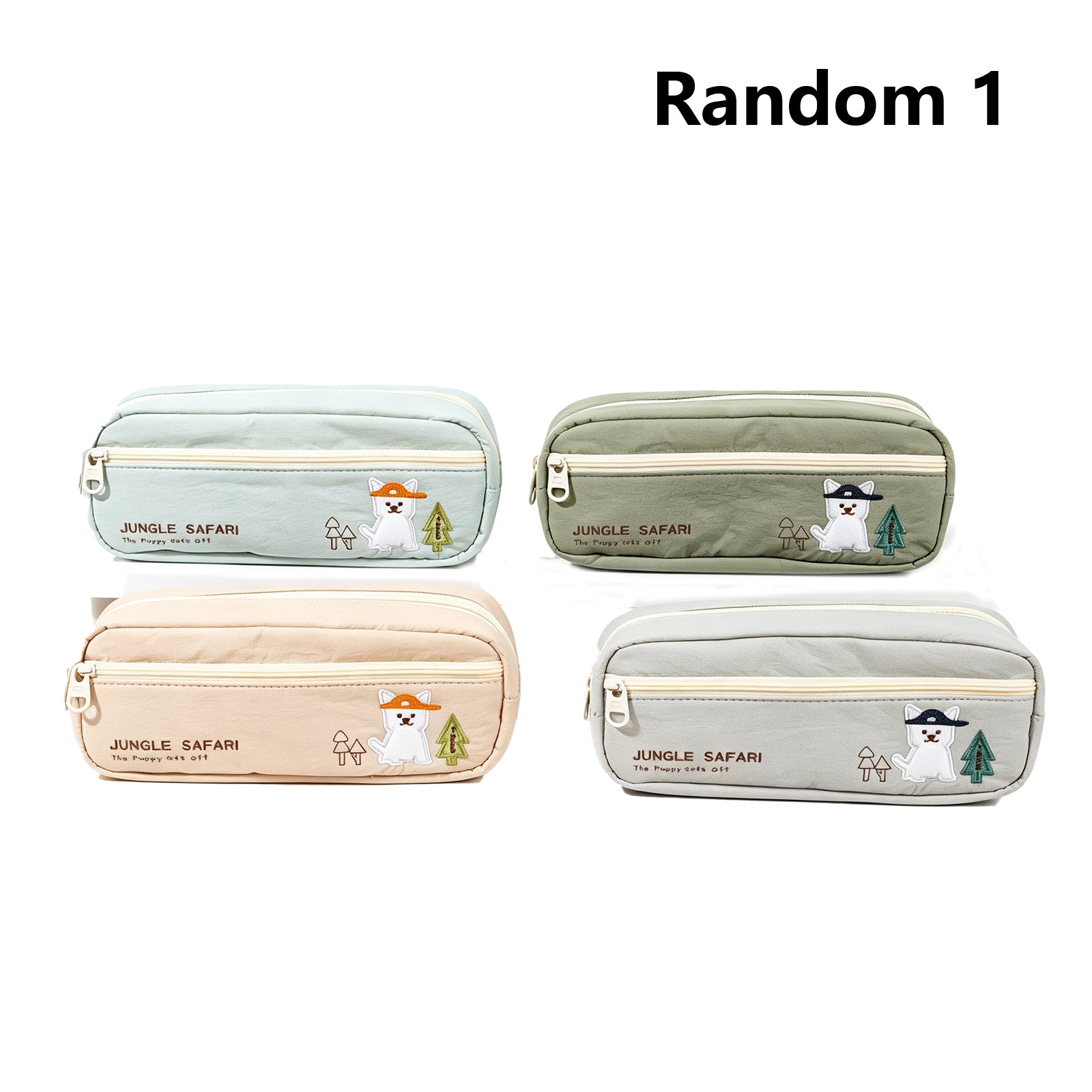 "Jungle Safari" Embroidered Pencil Case – Large Capacity Canvas Stationery Pouch with Cute Cat Explorer Design, Durable Zipper Organizer for School & Office (Mint/Olive/Beige/Grey)