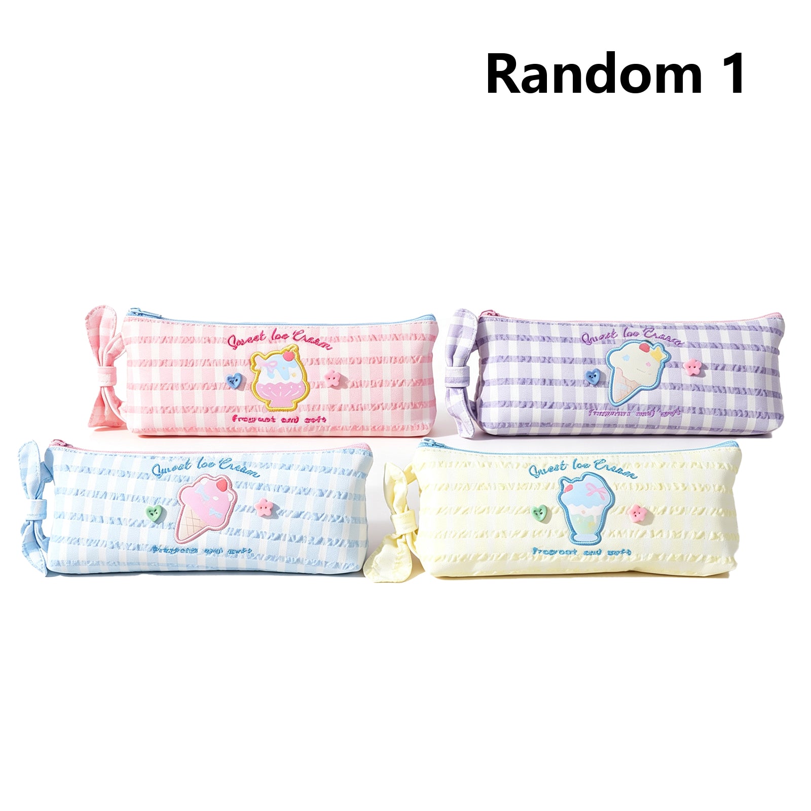 Kawaii Gingham Pencil Case – Cute "Sweet Ice Cream" Plush Stationery Bag with Bow & Embroidered Patch, Large Capacity Organizer for School, Office & Travel (Pink/Purple/Blue/Yellow)