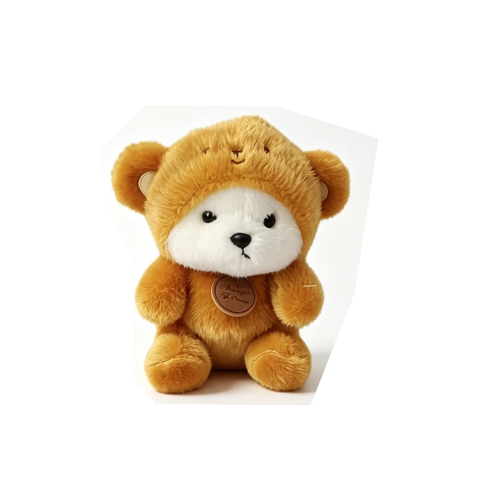 Honey Bear Plush with Hooded Face – Soft Golden-Brown Teddy with White Muzzle & Leather Tag, Perfect Desk Companion & Gift for Kids and Collectors (15cm)