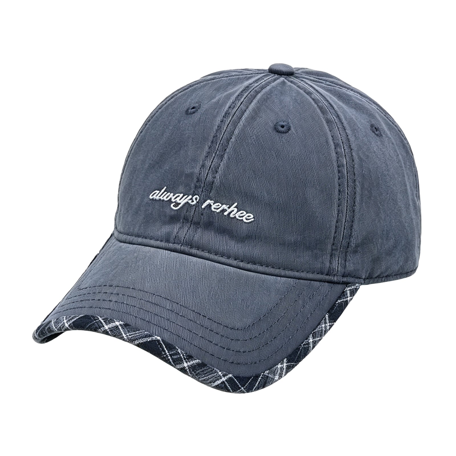 Grey Plaid-Trim Baseball Cap – Adjustable 54-60cm Head Size, Vintage Checkered Edge Dad Hat, Unisex Soft Cotton Trucker Cap for Men & Women