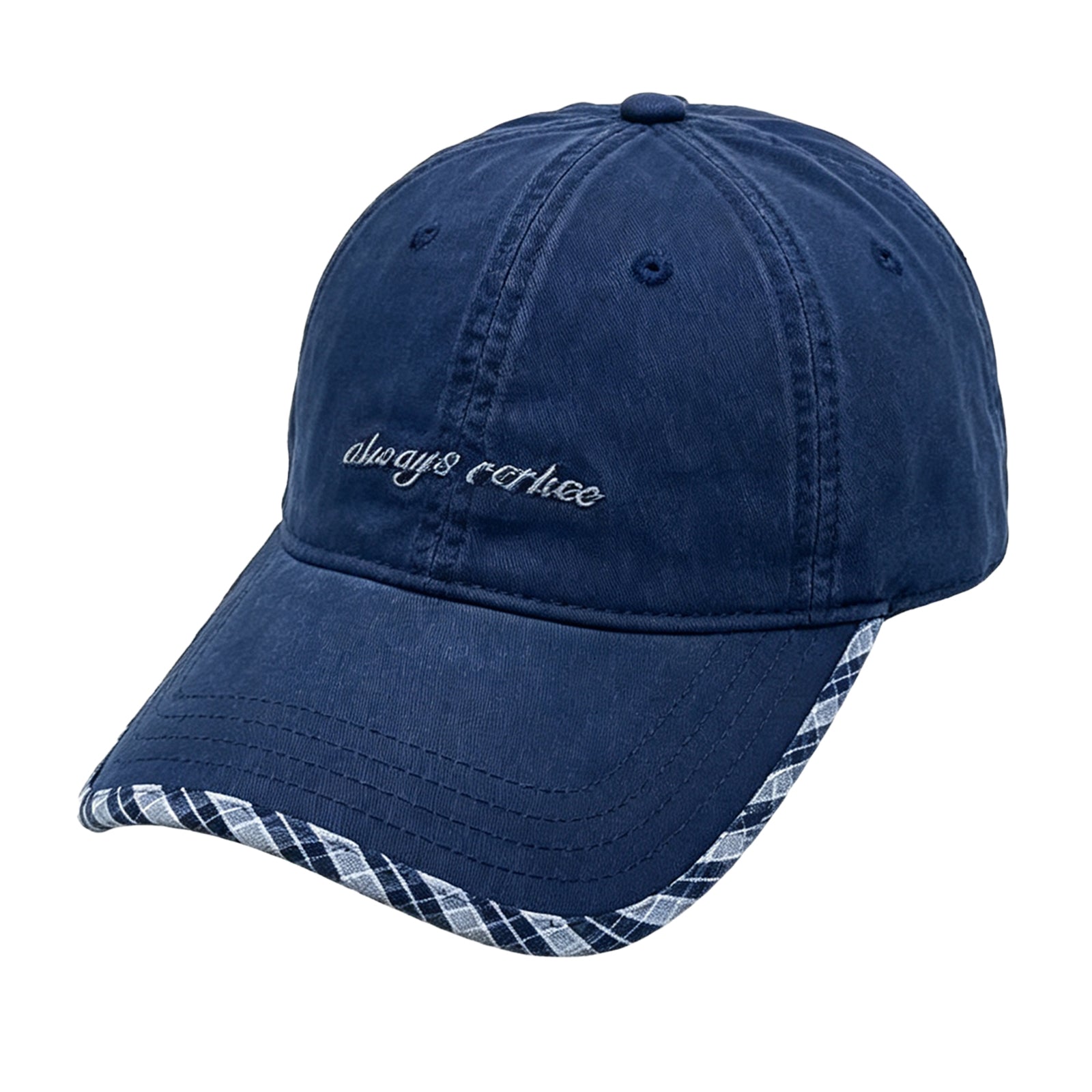 Navy Plaid-Trim Baseball Cap – Adjustable 54-60cm Head Size, Vintage Checkered Edge Dad Hat, Unisex Soft Cotton Twill Trucker Cap for Men & Women