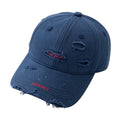 Distressed Navy Baseball Cap – Vintage Ripped Dad Hat with Raw Edge, Adjustable Strap Fits 56-58cm Head, Unisex Grunge Streetwear Accessory for Men & Women