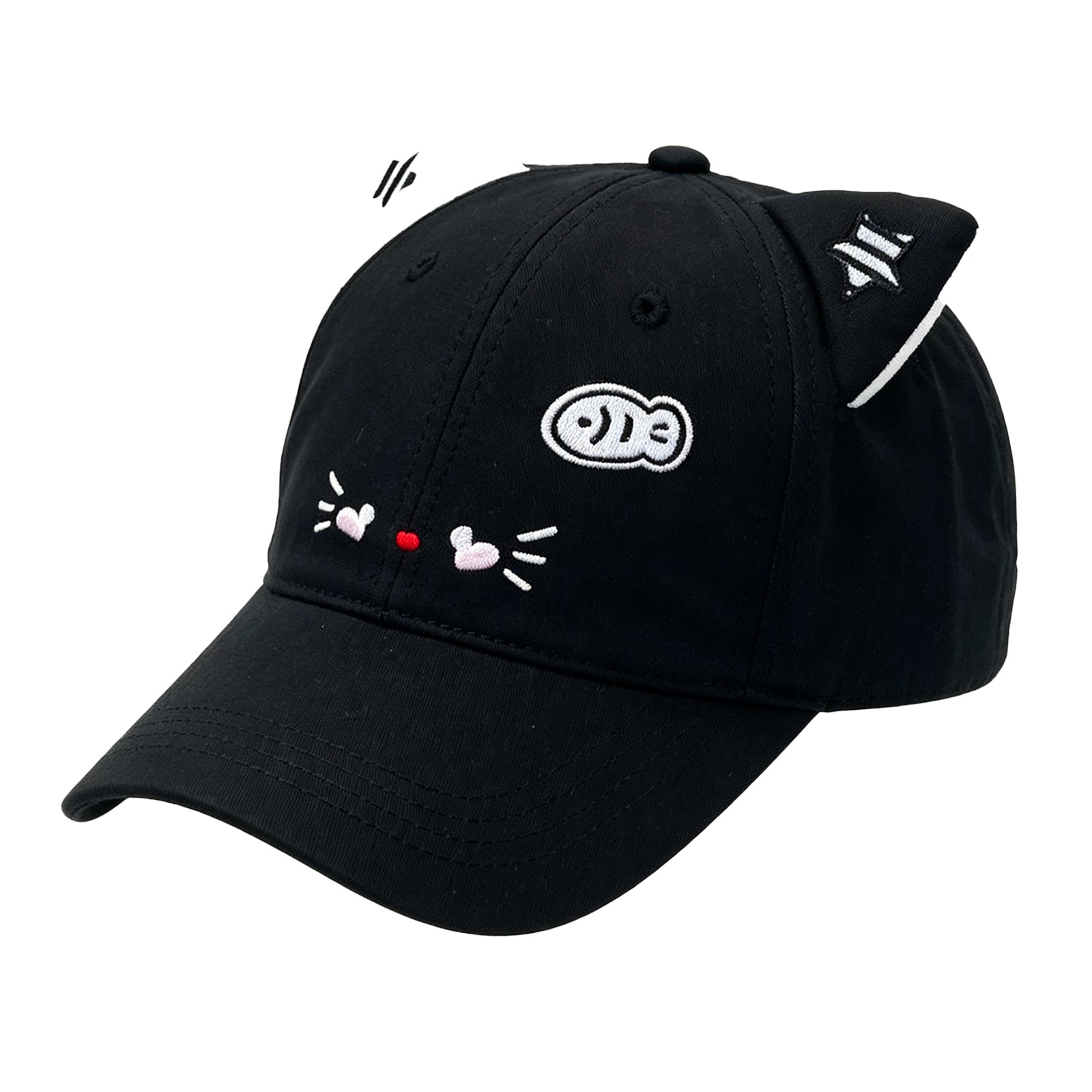 Black Cat Ear Baseball Cap with Emoji Face – Cute Gothic Dad Hat, Adjustable Strap Fits 56-58cm Head, Unisex Y2K Streetwear Accessory for Women & Teens