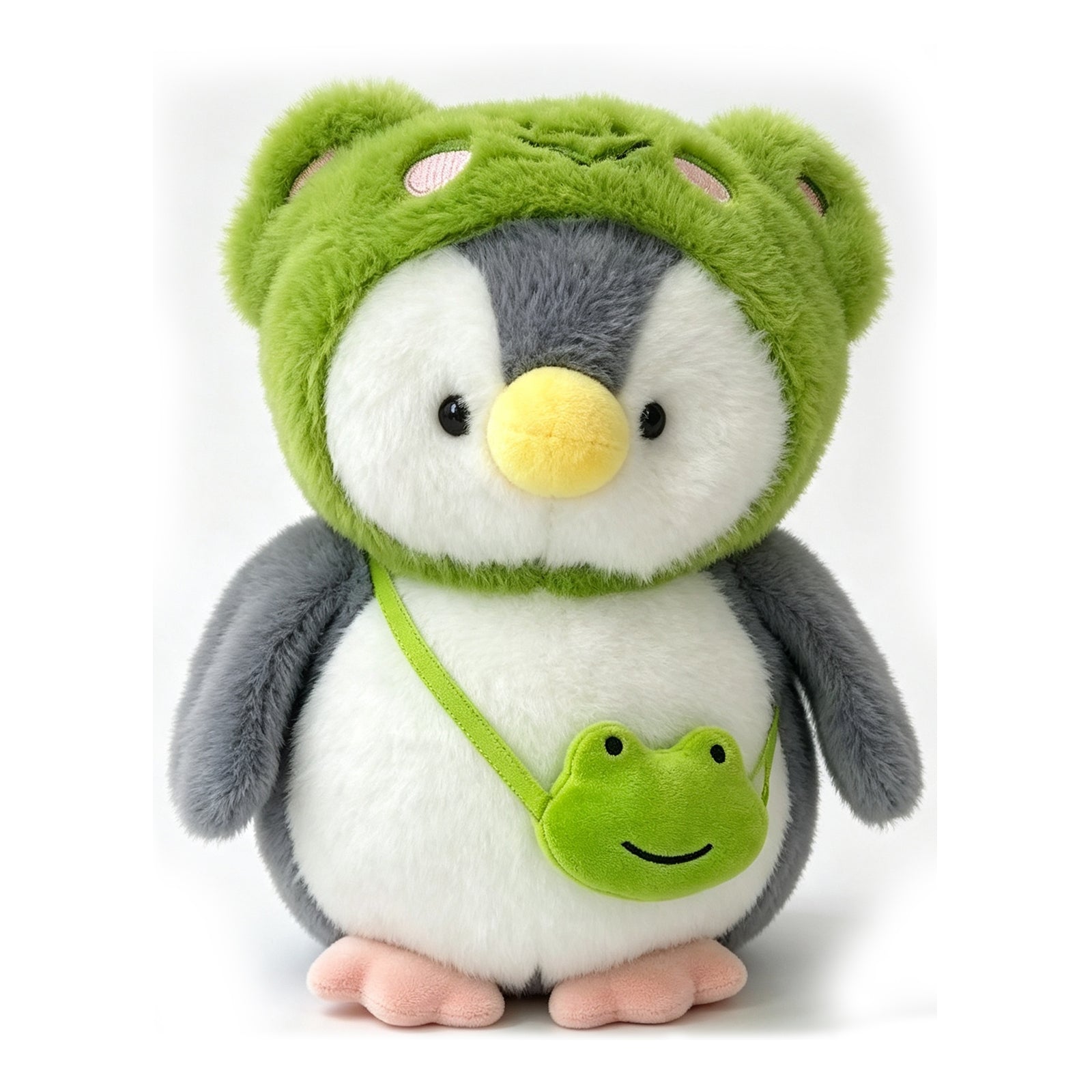 The Froggy Penguin Plush – Ultra-Soft Huggable Penguin Wearing a Green Frog Hood & Matching Purse, Perfect Bedtime Companion & Aesthetic Room Decor