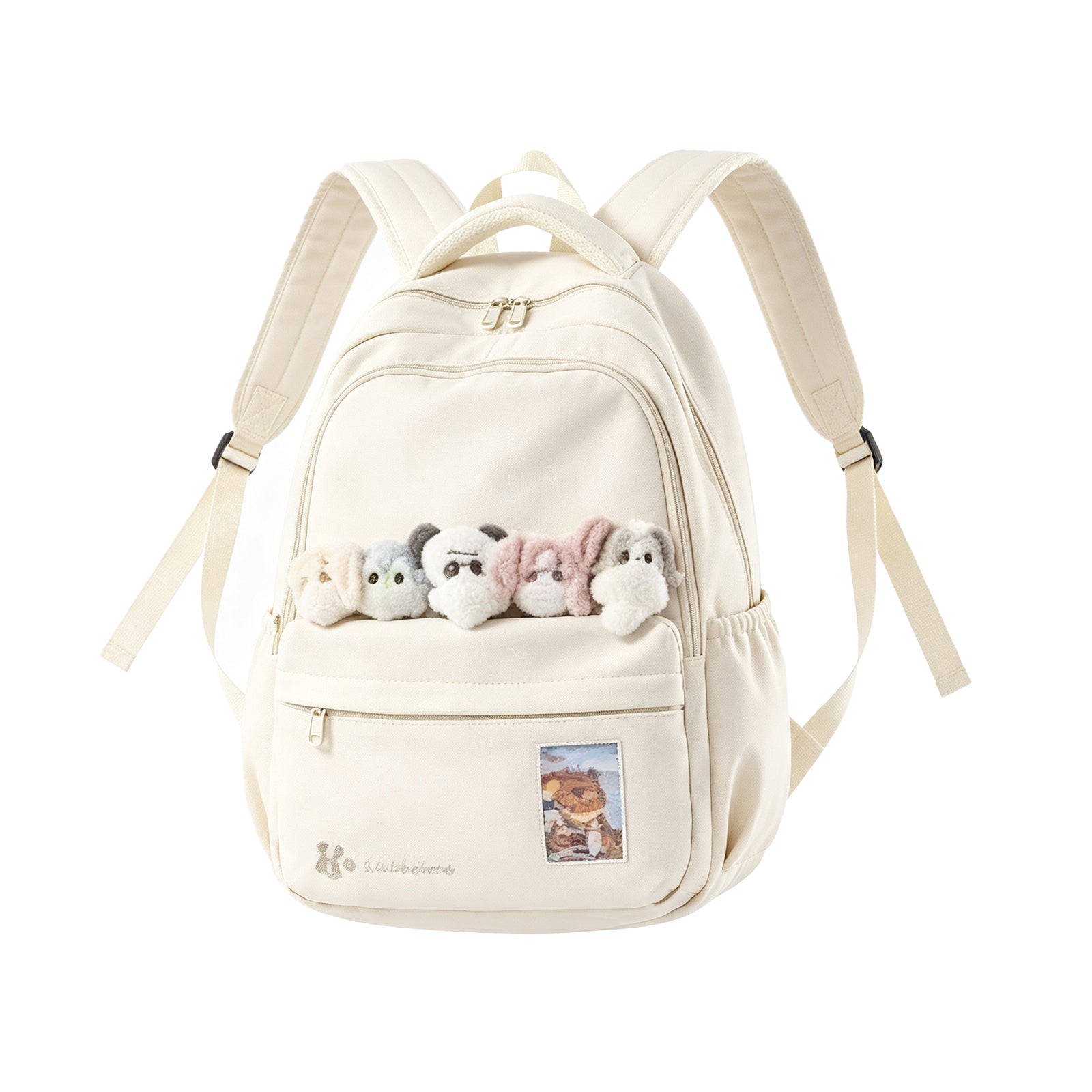 Aesthetic Cream White Backpack with Cute Plush Pals – Kawaii Soft Girl School Bag, Large Capacity Lightweight Daypack for Teens & Travel (Includes 5 Adorable Dolls)
