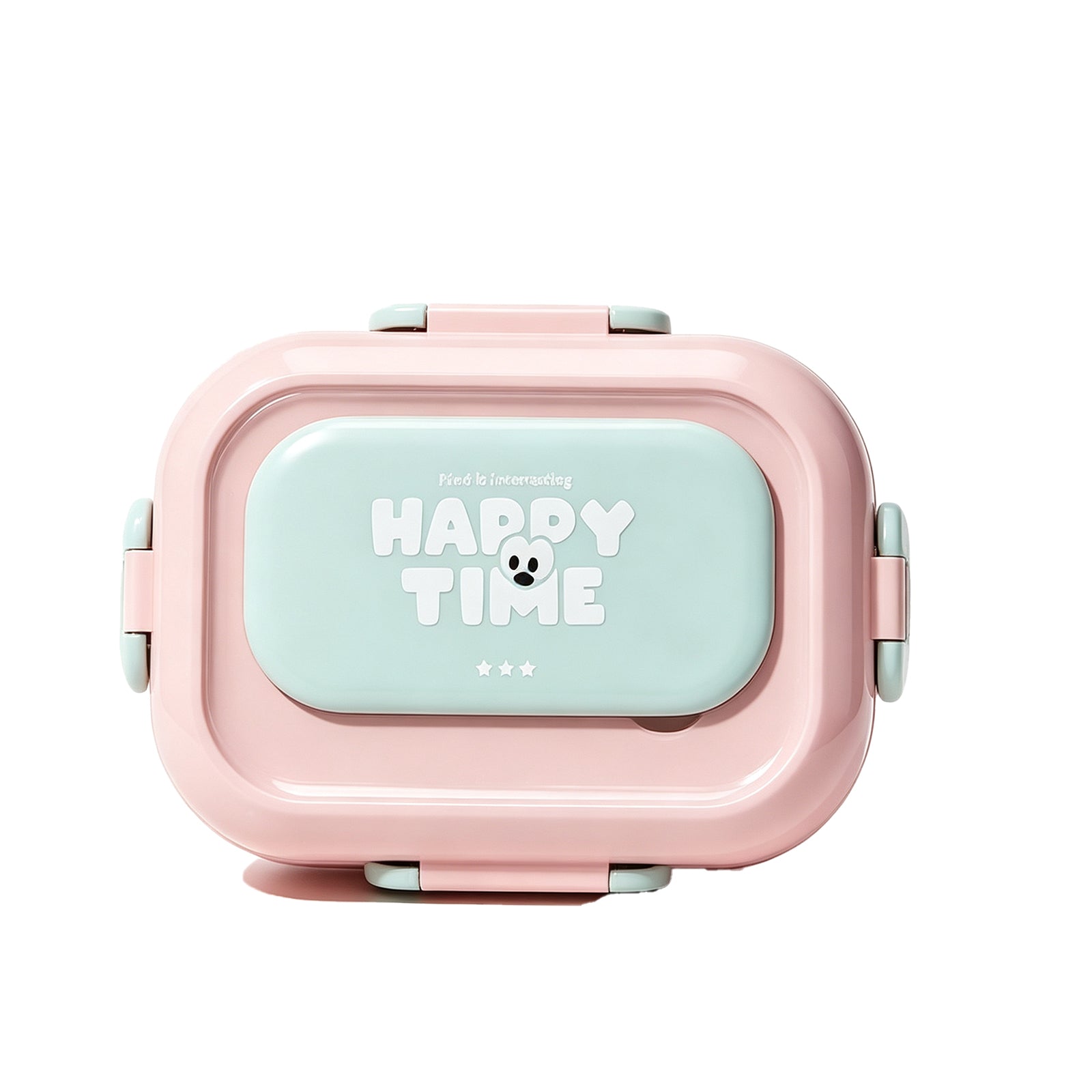 "Happy Time" Kawaii Bento Box – Cute Stainless Steel Lunch Container with Hidden Cutlery, Leak-Proof Compartments & Pastel Lid for Kids, School & Office (Pink/Blue/Mint)