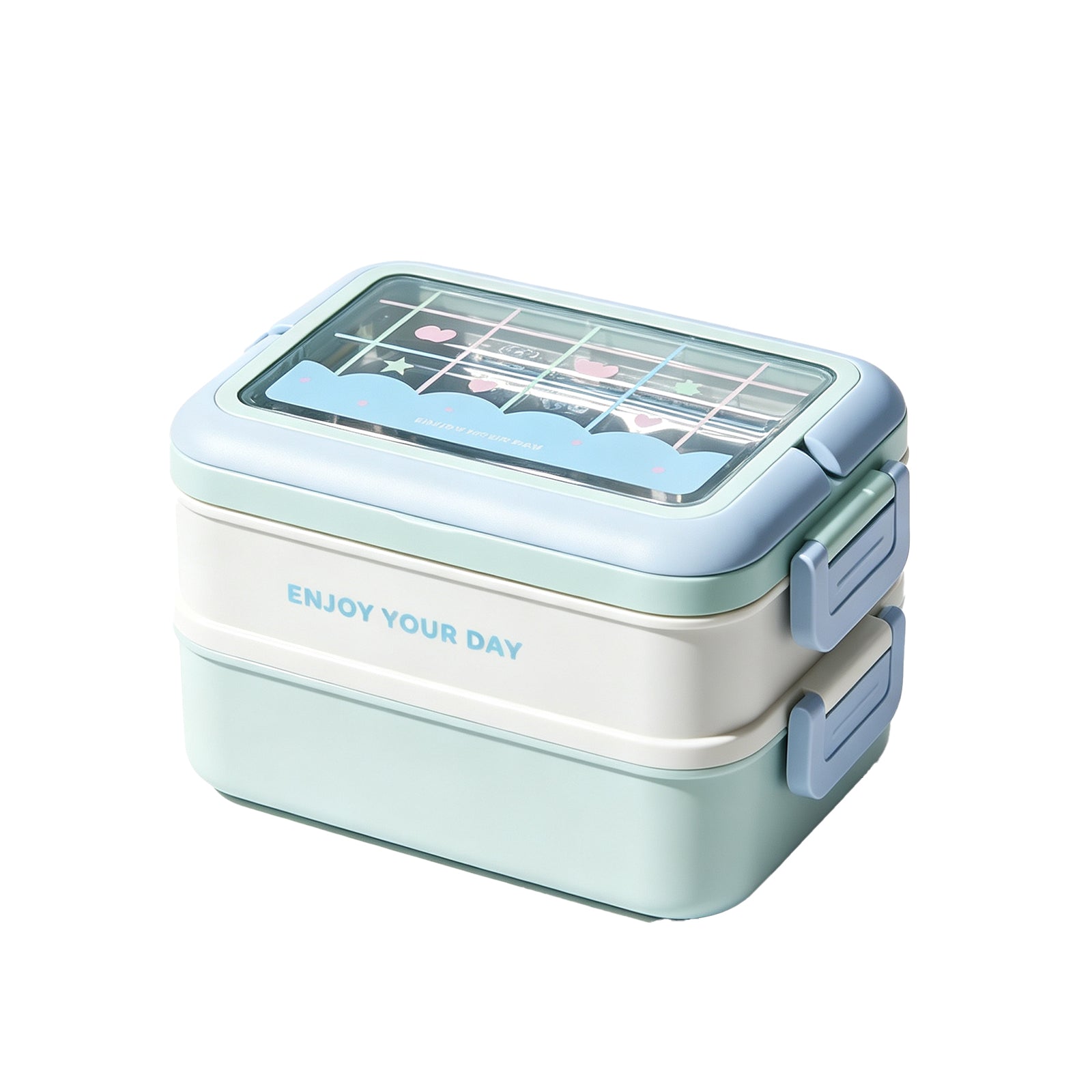 "Enjoy Your Day" Double-Layer Stainless Steel Bento Box – Leak-Proof Stackable Lunch Container with Transparent Lid & Secure Locks for Work, School & Picnics (Mint & Blue/Yellow & Blue)