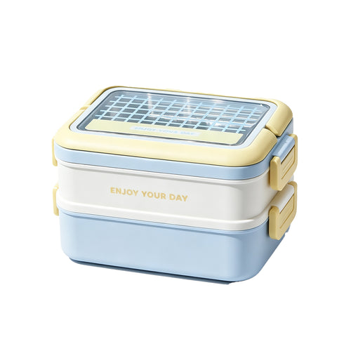 "Enjoy Your Day" Double-Layer Stainless Steel Bento Box – Leak-Proof Stackable Lunch Container with Transparent Lid & Secure Locks for Work, School & Picnics (Mint & Blue/Yellow & Blue)