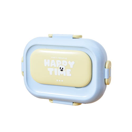 "Happy Time" Kawaii Bento Box – Cute Stainless Steel Lunch Container with Hidden Cutlery, Leak-Proof Compartments & Pastel Lid for Kids, School & Office (Pink/Blue/Mint)