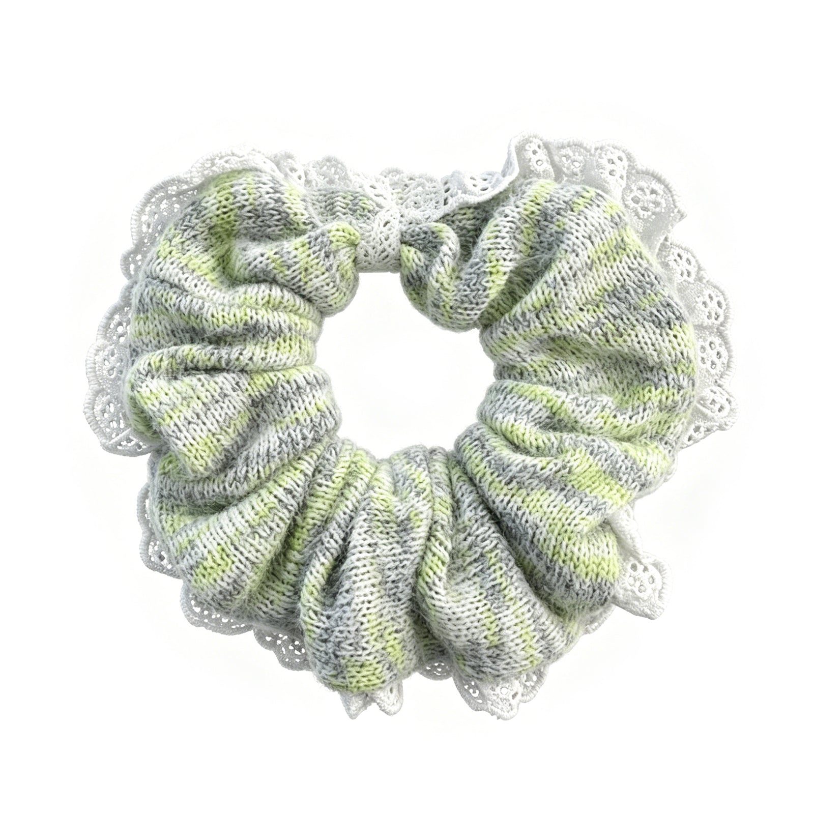 Mint Green Knitted Scrunchie with White Lace Trim - Cozy Crochet Hair Tie for Women