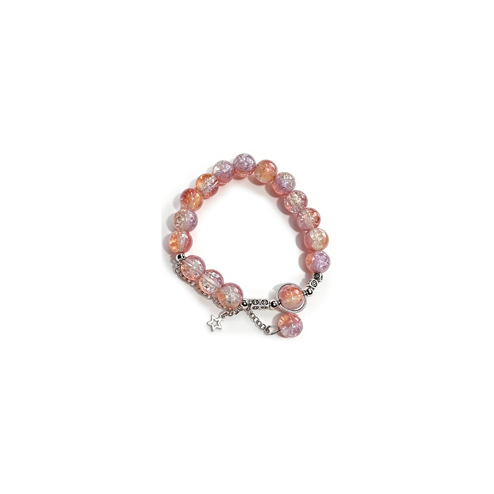 The Sunset Glow Star Bracelet – Dreamy Iridescent Peach Bead Stretch Bracelet with Silver Star Pendant, Ethereal Healing Crystal Jewelry for Everyday Magic