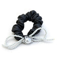 Black Satin Scrunchie with Silver Flower Pearl Charm - Elegant Hair Tie for Women