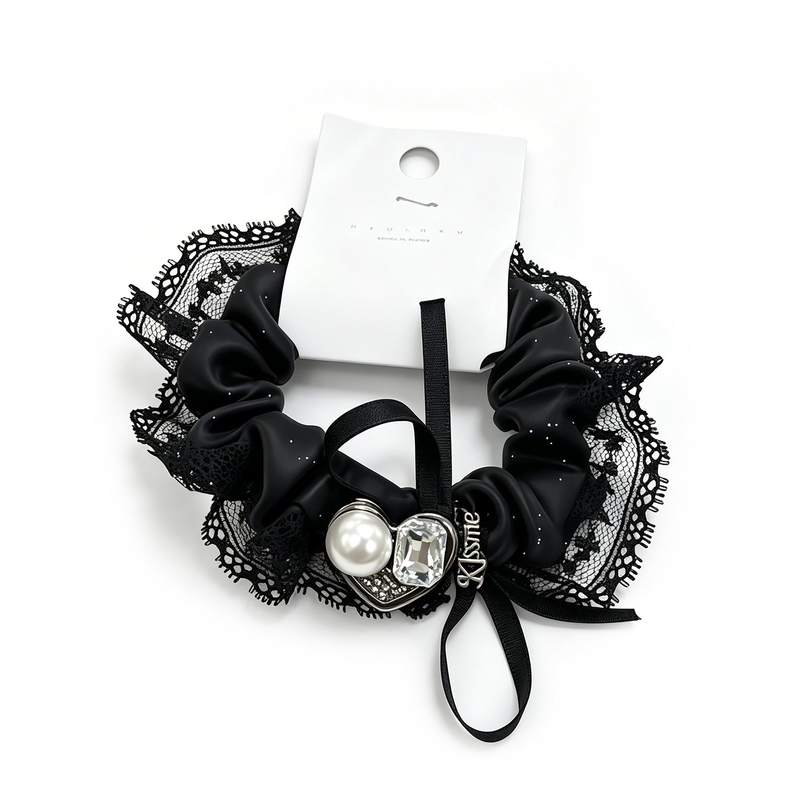 Black Lace Scrunchie with Pearl & Rhinestone Heart Charm - Edgy Hair Tie for Women