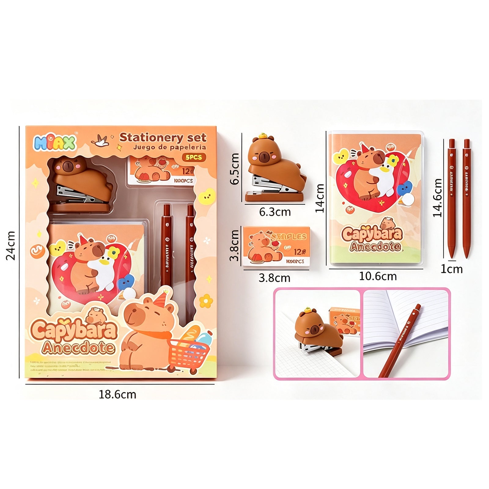 Capybara Anecdote 5-Piece Stationery Set – Cute Kawaii Desk Organizer with Mini Stapler, Notepad & Pens, Perfect Gift for Students & Office (Orange Theme)