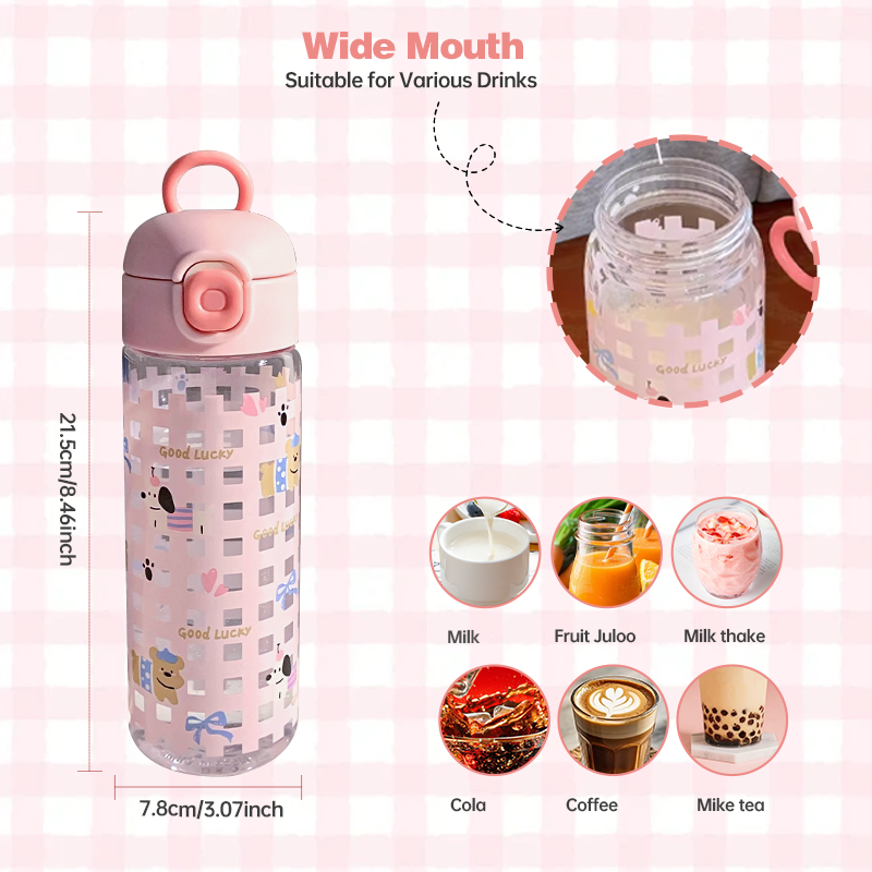 Cute Pink Grid & Puppy Flip-Top Water Bottle – Leakproof BPA-Free Plastic Tumbler for School, Gym & Travel