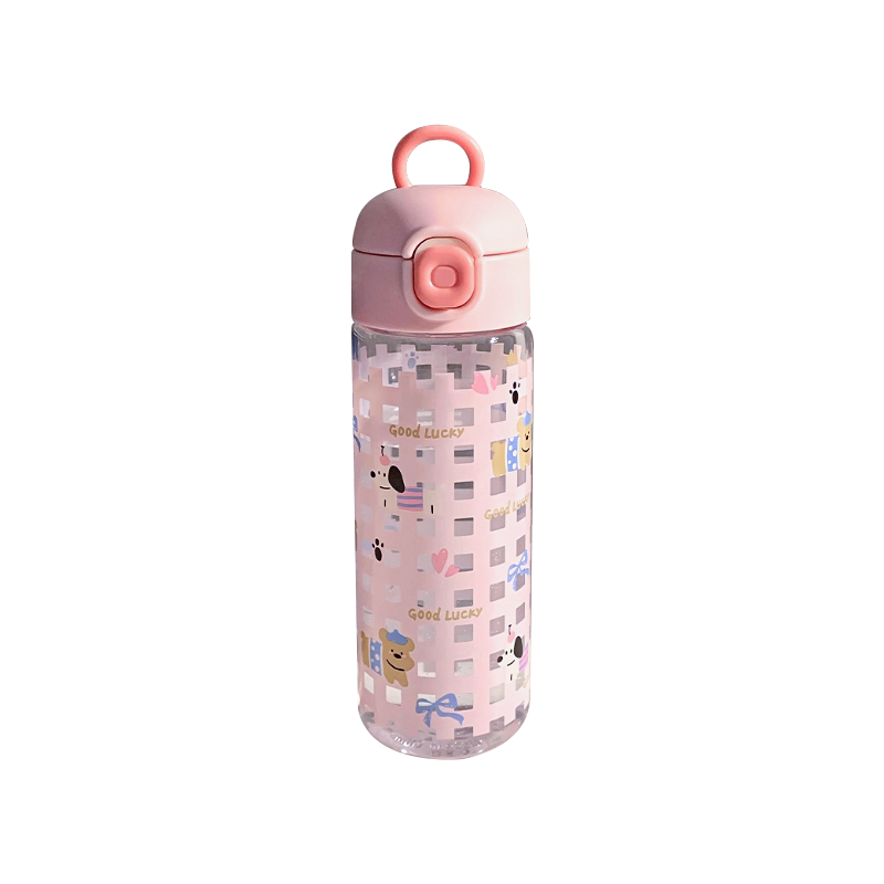 Cute Pink Grid & Puppy Flip-Top Water Bottle – Leakproof BPA-Free Plastic Tumbler for School, Gym & Travel