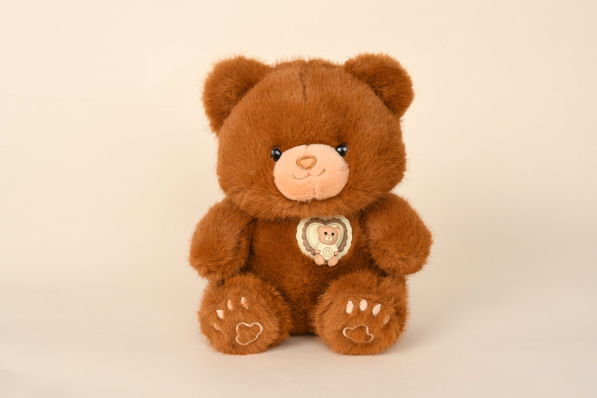 23cm Brown Spinning Bear Plush Toy with Rotatable Heart Badge - Cute Stuffed Animal Gift