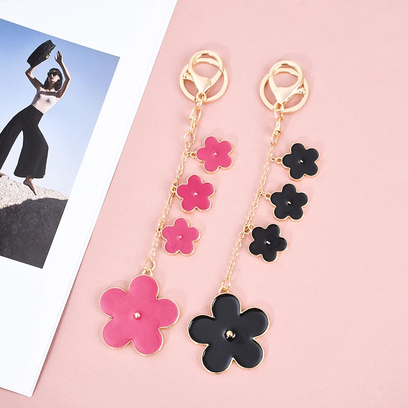 Gradient Size Enamel Flower Keychain | Gold Tone Floral Bag Charm Pendant