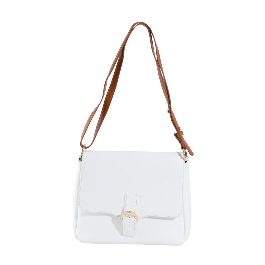 Minimalist White Crossbody Bag with Brown Strap – Adjustable Shoulder Bag for Women, Perfect for Daily Commute & Casual Outings