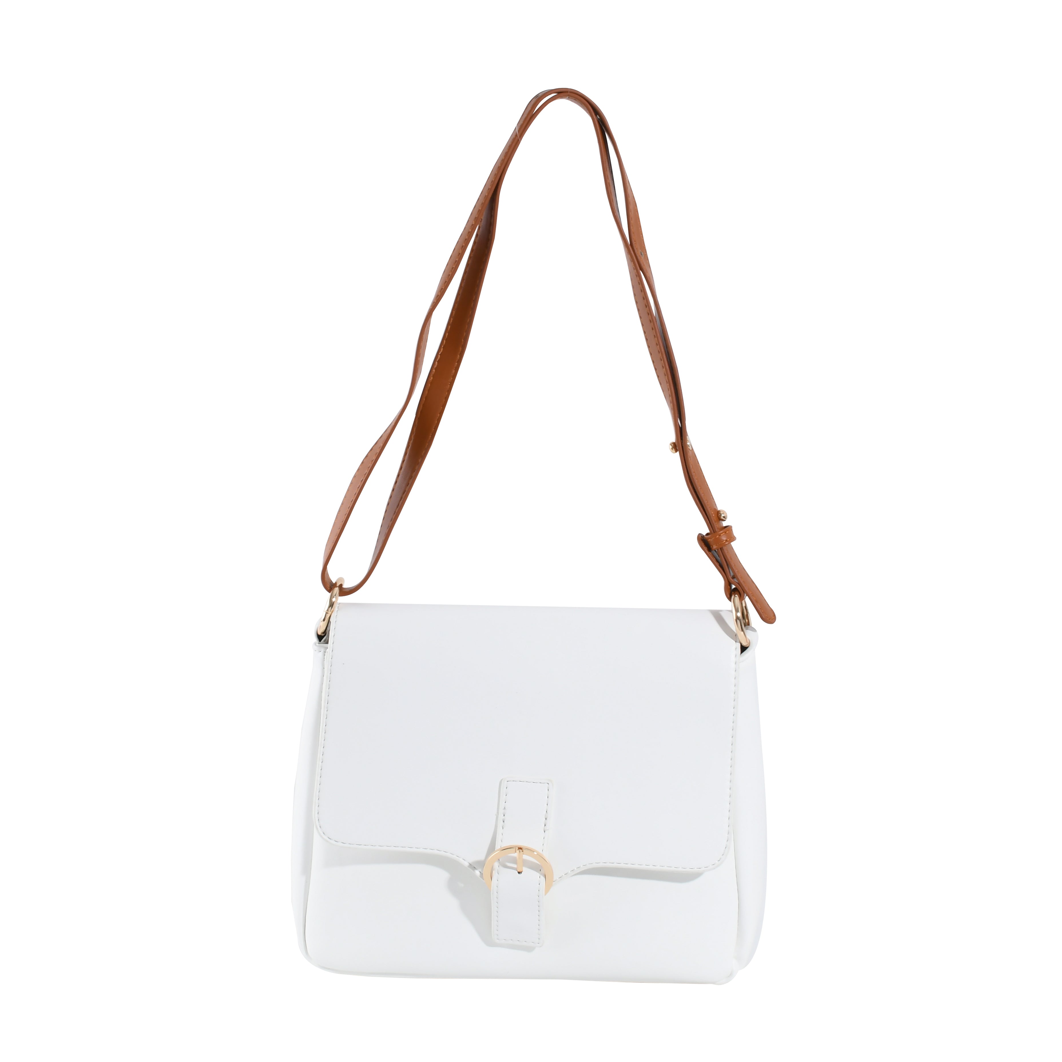 Minimalist White Crossbody Bag with Brown Strap – Adjustable Shoulder Bag for Women, Perfect for Daily Commute & Casual Outings