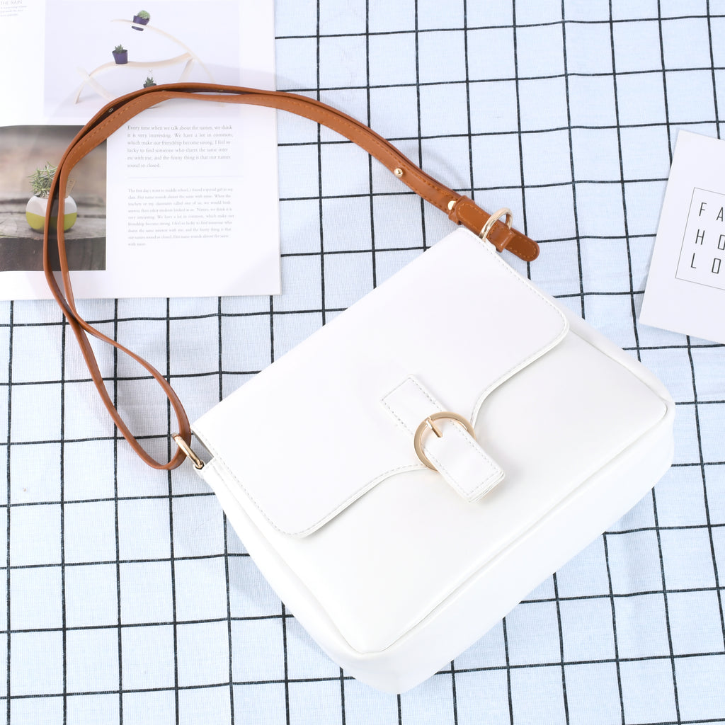 Minimalist White Crossbody Bag with Brown Strap – Adjustable Shoulder Bag for Women, Perfect for Daily Commute & Casual Outings