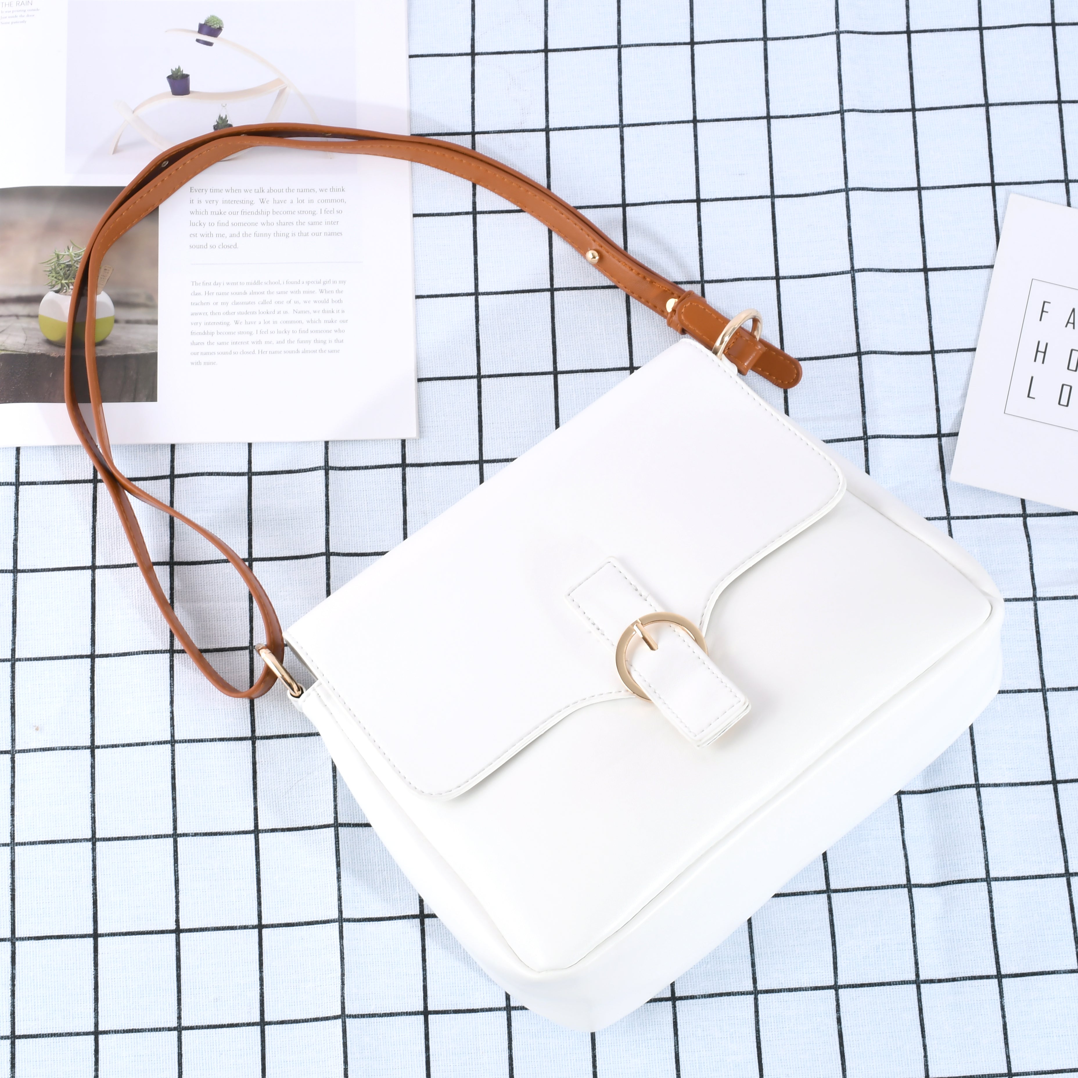 Minimalist White Crossbody Bag with Brown Strap – Adjustable Shoulder Bag for Women, Perfect for Daily Commute & Casual Outings