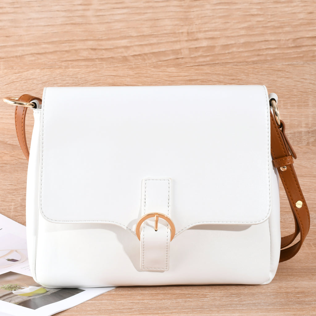 Minimalist White Crossbody Bag with Brown Strap – Adjustable Shoulder Bag for Women, Perfect for Daily Commute & Casual Outings