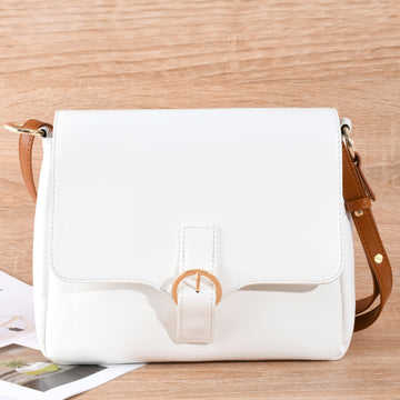 Minimalist White Crossbody Bag with Brown Strap – Adjustable Shoulder Bag for Women, Perfect for Daily Commute & Casual Outings