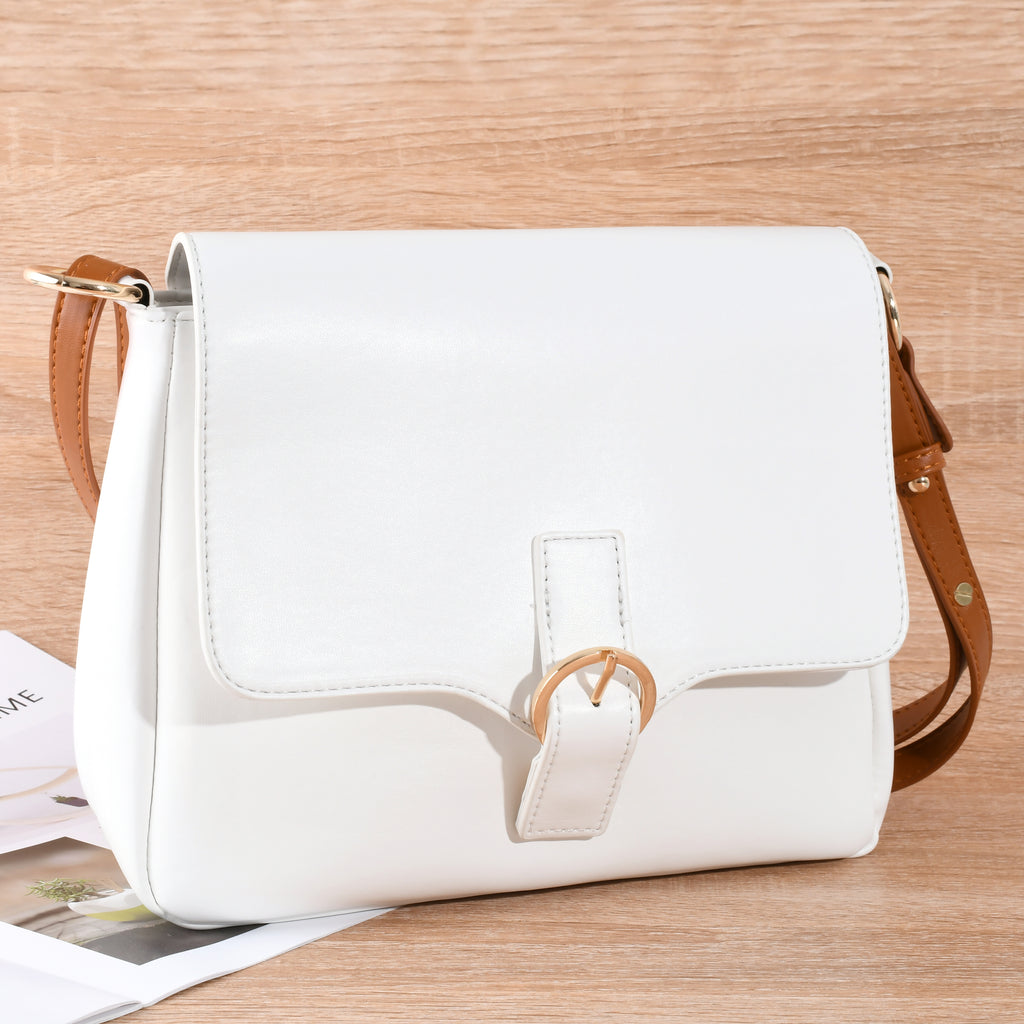 Minimalist White Crossbody Bag with Brown Strap – Adjustable Shoulder Bag for Women, Perfect for Daily Commute & Casual Outings