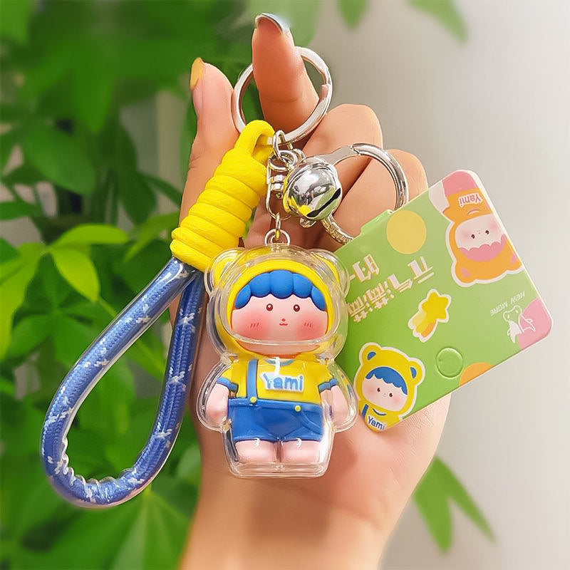 Cute Genki Boy Keychain with Wrist Lanyard & Bell | Clear Acrylic Cover Yami Figure Bag Charm