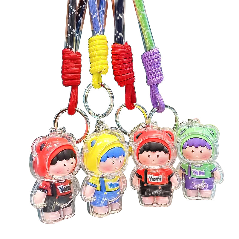 Cute Genki Boy Keychain with Wrist Lanyard & Bell | Clear Acrylic Cover Yami Figure Bag Charm