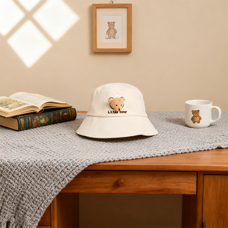 Cute 3D Little Bear Embroidered Bucket Hat – UV Protection Sun Cap for Kids & Teens, Soft Cotton Blend, Adjustable Fit
