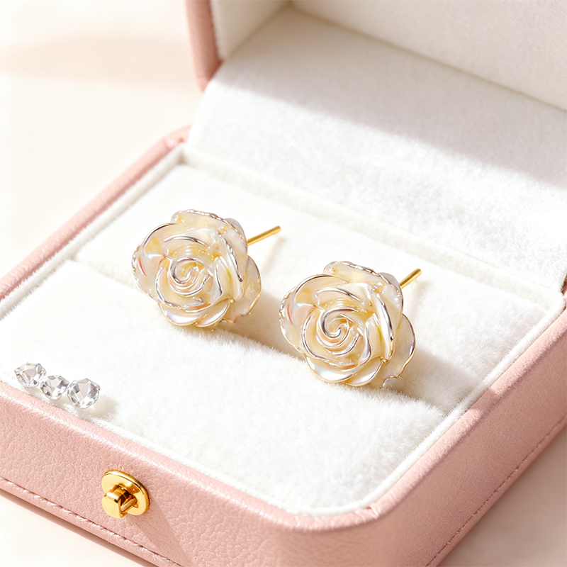 Iridescent Rose Stud Earrings – Elegant 3D Flower Design with Silver Edge | Lightweight & Hypoallergenic for Daily Wear & Gifting