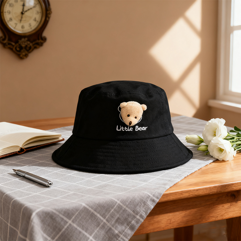 Cute 3D Little Bear Embroidered Bucket Hat – UV Protection Sun Cap for Kids & Teens, Soft Cotton Blend, Adjustable Fit