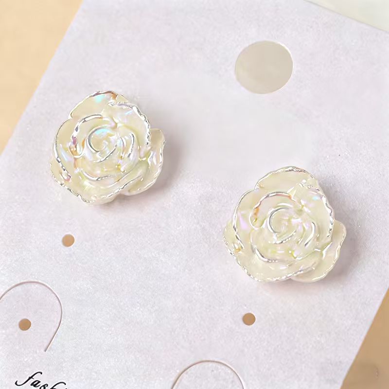 Iridescent Rose Stud Earrings – Elegant 3D Flower Design with Silver Edge | Lightweight & Hypoallergenic for Daily Wear & Gifting