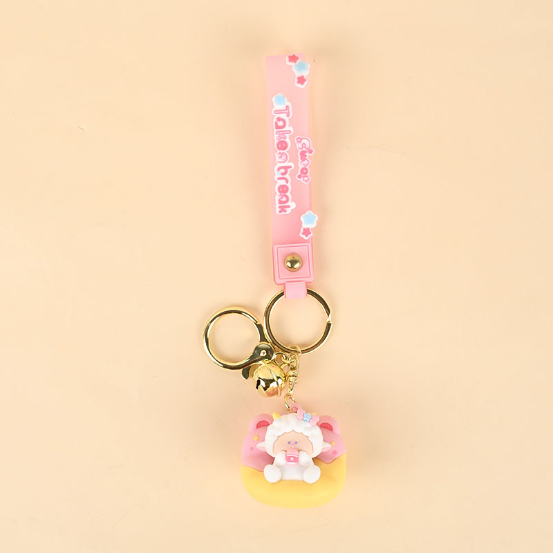 Cute Lazy Sofa Animal Keychain with Bell & Silicone Wrist Strap | Duck Lamb Figure Bag Charm