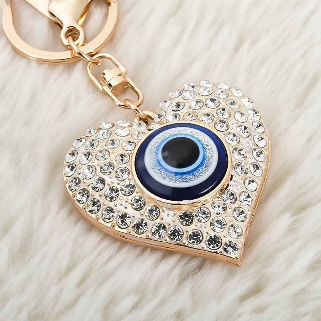 Protective Evil Eye Heart Keychain – Blue Eye Rhinestone Charm for Good Luck & Safety | Stylish Bag Accessory