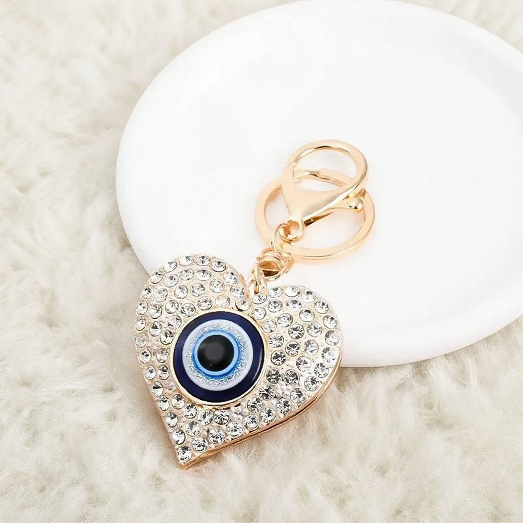 Protective Evil Eye Heart Keychain – Blue Eye Rhinestone Charm for Good Luck & Safety | Stylish Bag Accessory