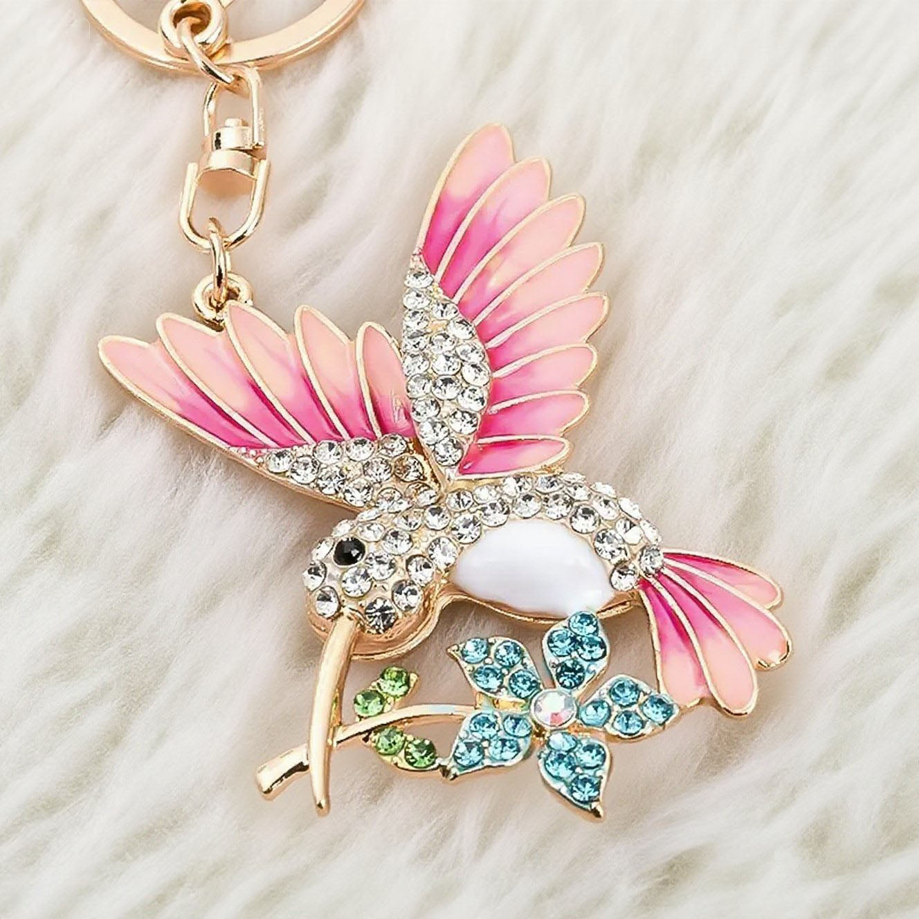 Rhinestone Enamel Hummingbird Keychain | Gold Tone Double-Sided Bag Charm