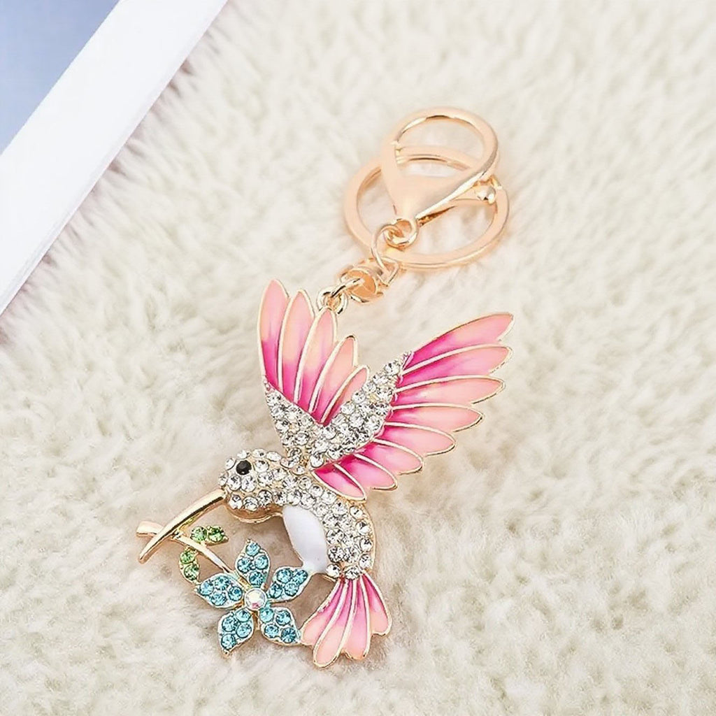 Rhinestone Enamel Hummingbird Keychain | Gold Tone Double-Sided Bag Charm