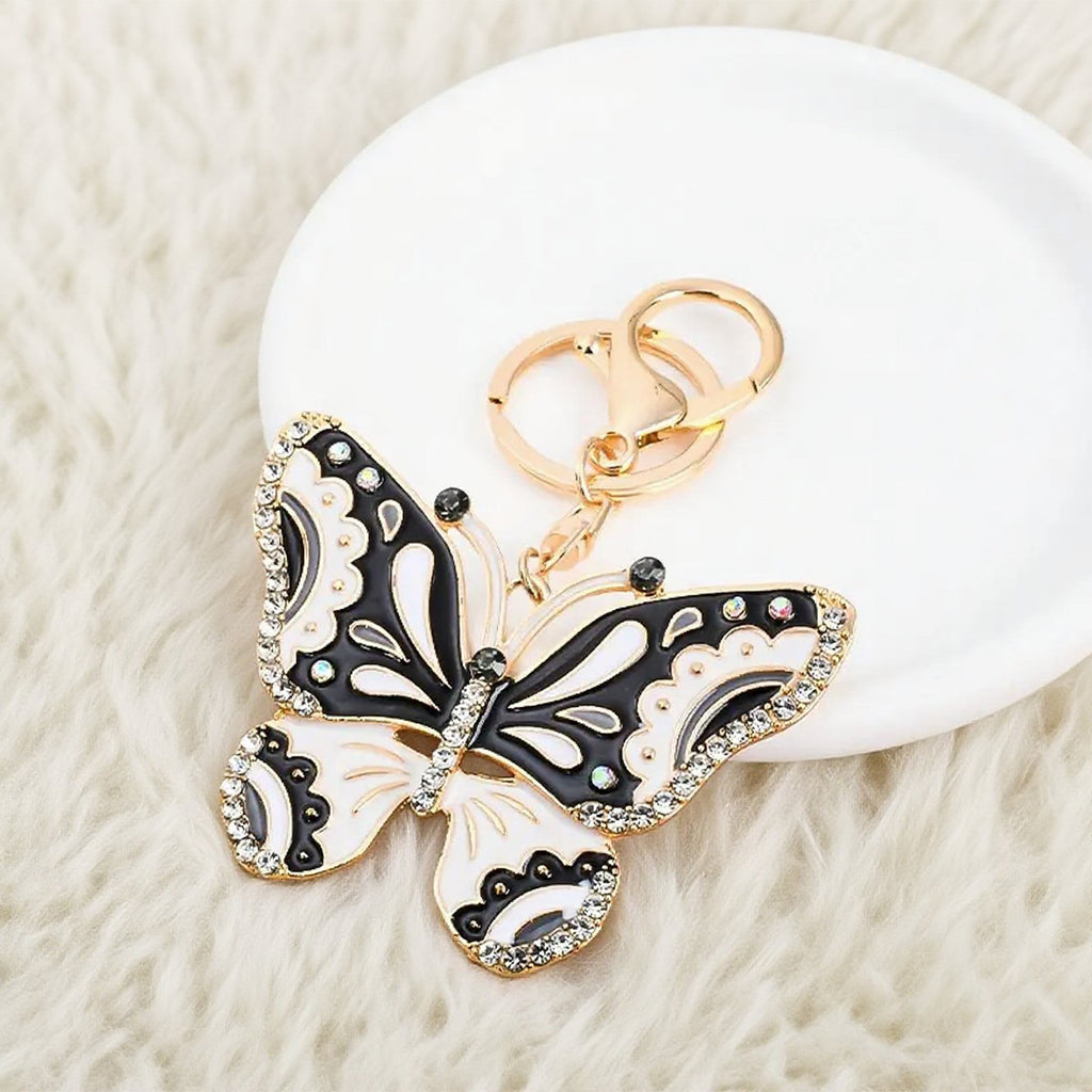 Black White Rhinestone Butterfly Keychain | Gold Enamel Bag Charm Pendant
