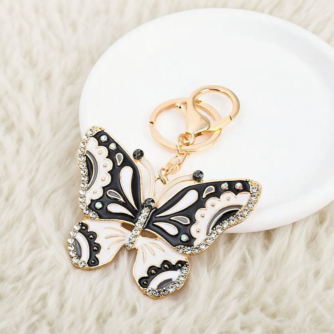 Black White Rhinestone Butterfly Keychain | Gold Enamel Bag Charm Pendant