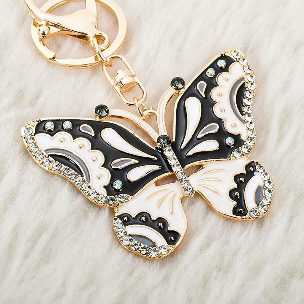 Black White Rhinestone Butterfly Keychain | Gold Enamel Bag Charm Pendant
